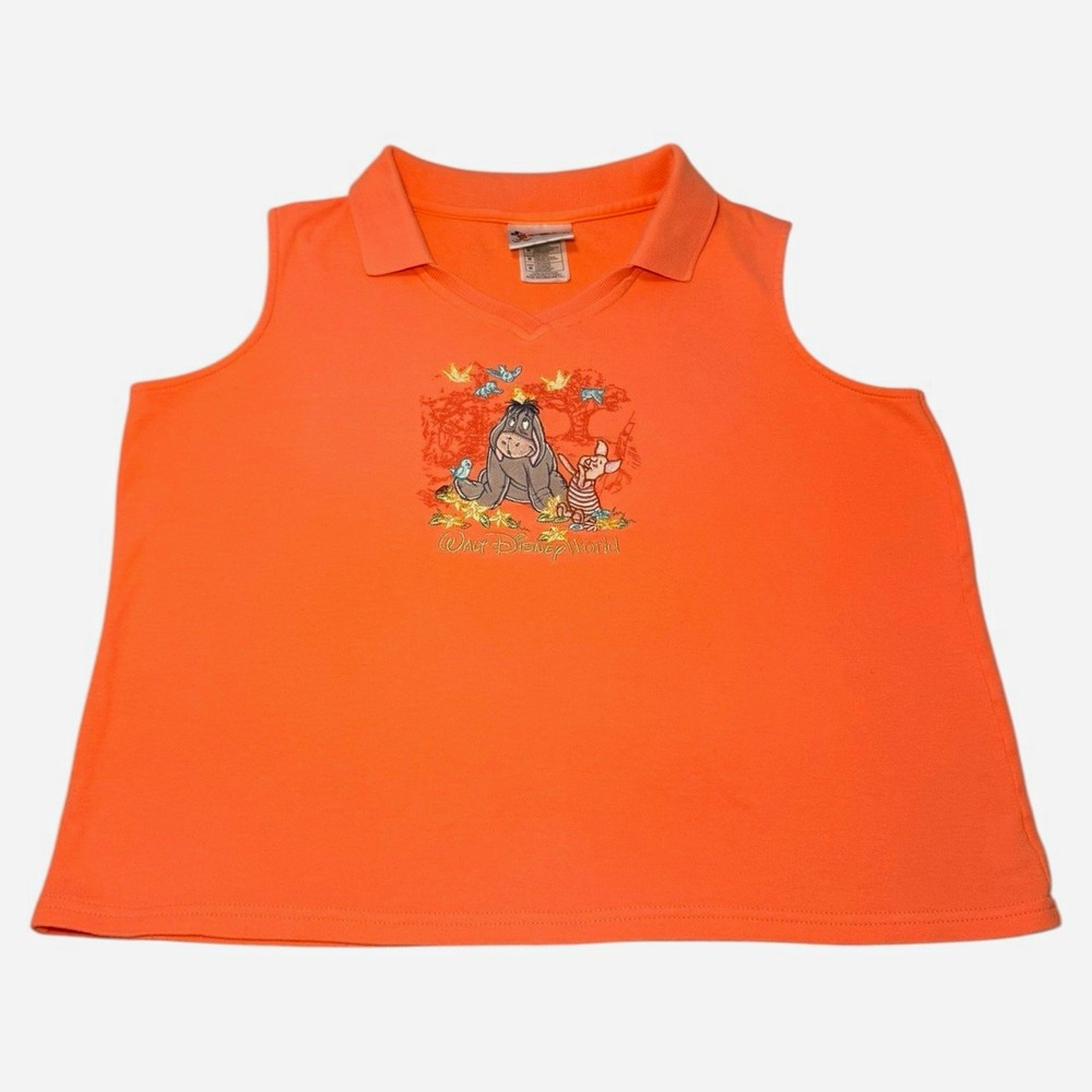 Vintage Walt Disney World Eeyore & Tigger Orange Sleeveless Polo M 100% Cotton